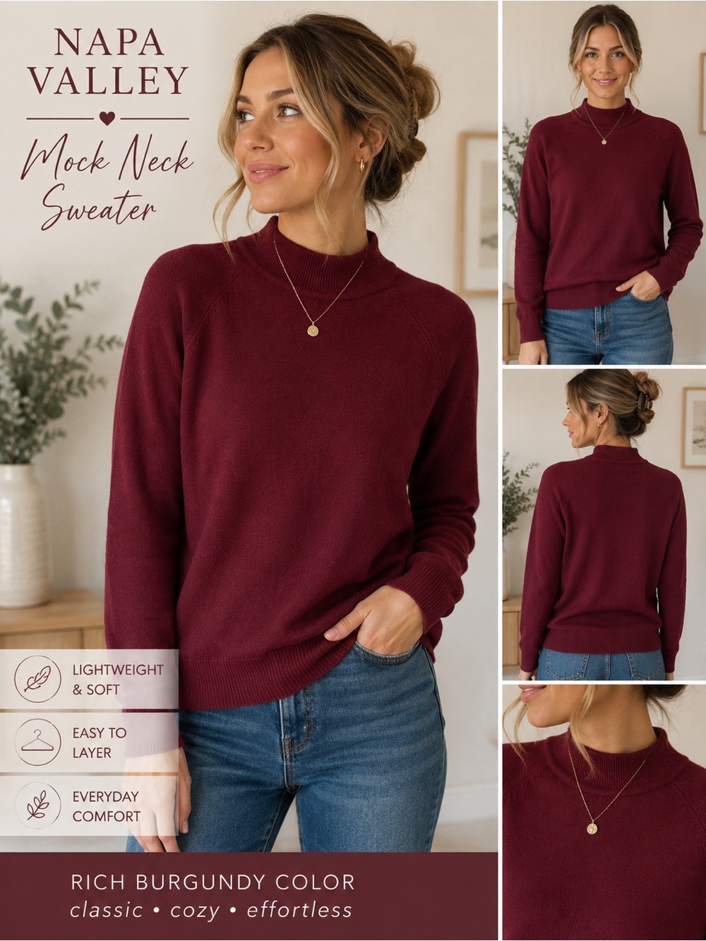 Napa Valley Burgundy Mock Neck Sweater Women’s L Oversized Lightweight Knit Pull